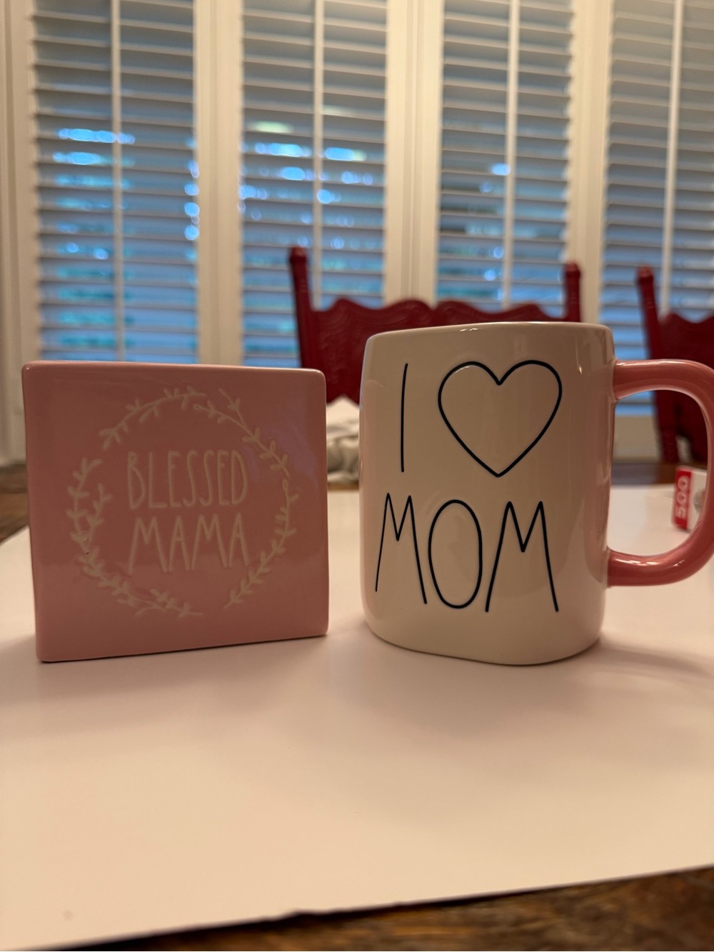 Rae Dunn Cream and Pink "I ♥ MOM" Mug with Pink "Blessed Mama" Trinket Display